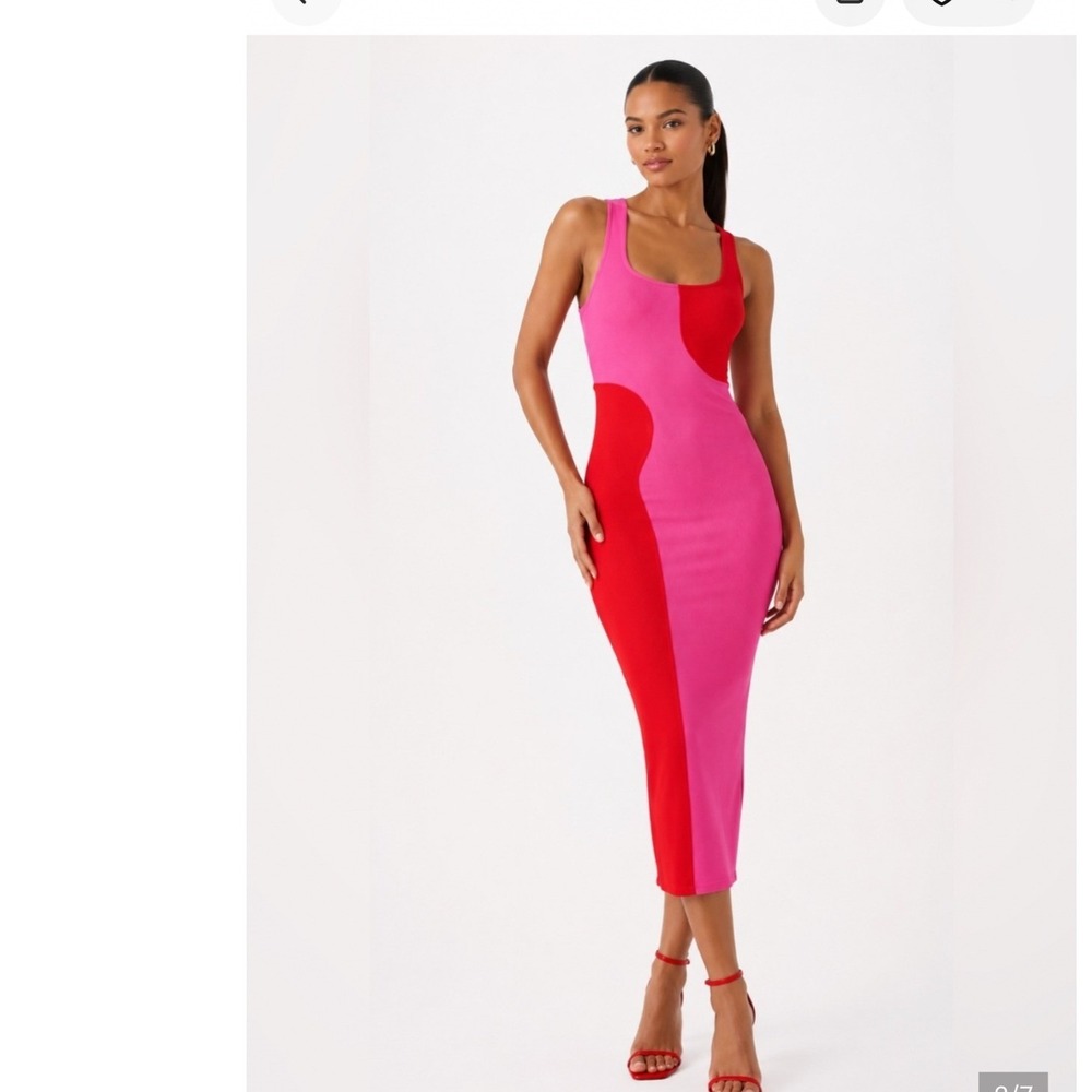 Naked Wardrobe Midi Dress Womens L Pink Red Excellent Colorblock NW-D2400